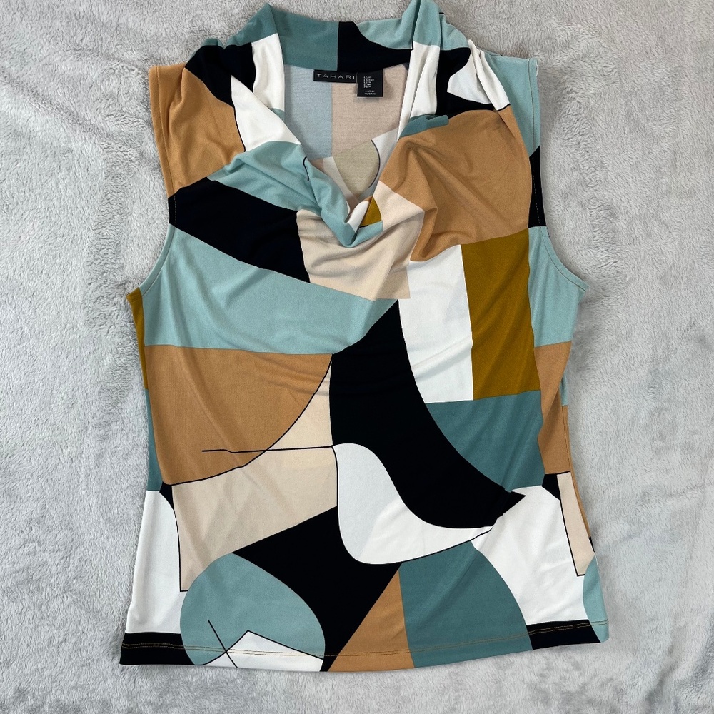 TAHARI Sleeveless Pullover Top Colorblock Cowl Neck Career Chic Versatile sz M